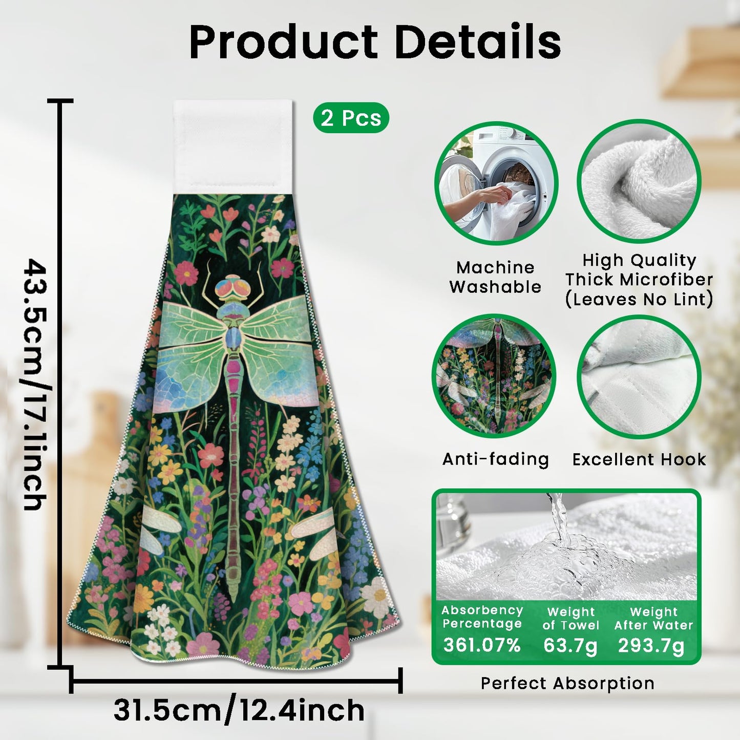 CUTHOLLOW 2 Pcs Dragonfly and Flowers Hanging Kitchen Towels with Loop