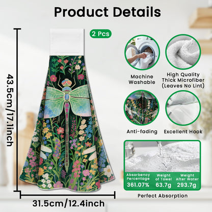 CUTHOLLOW 2 Pcs Dragonfly and Flowers Hanging Kitchen Towels with Loop