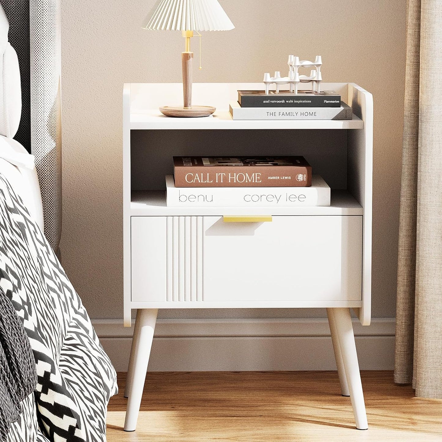 Bedside Table, Nightstand, Bed Side Table with Wood Decorated Drawers