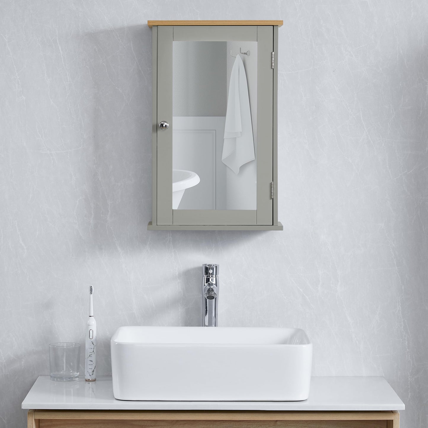 Bath Vida Priano Bathroom Cabinet Single Mirrored Door Wall Mounted, Grey & Oak
