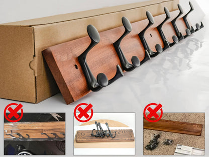 HONSKY Wall Mounted Coat Rack, 91cm Sapele Base,6 Black Sturdy Aluminium Alloy Triple Hooks(18 Hanging Points), Wall Coat Hanger for Entrance Hall