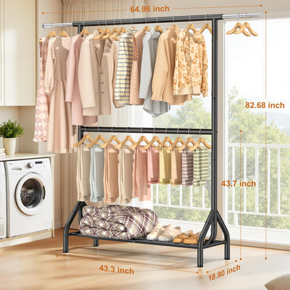 EAGMAK Double Clothes Rail Heavy Duty Load 280 KG, with Shelves, Black