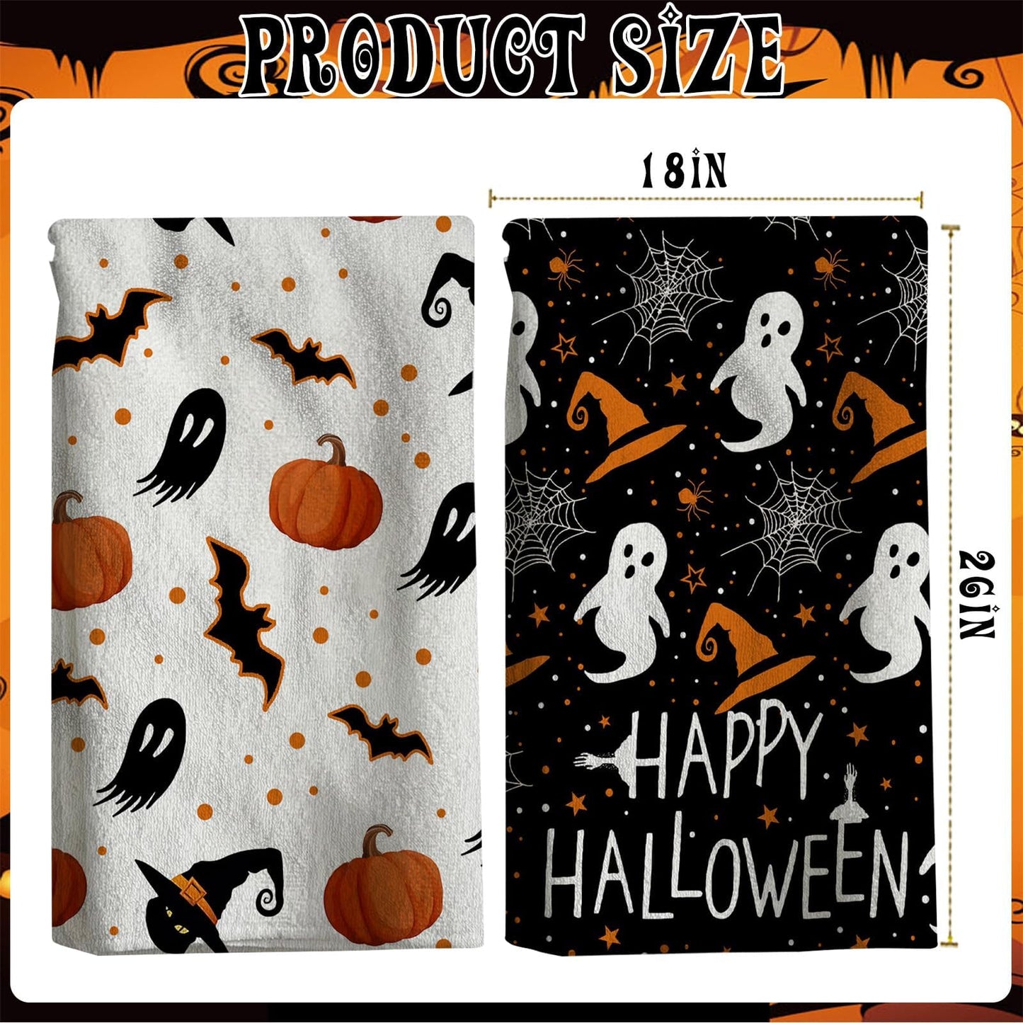 HINGTAI 2Pcs Towel Halloween Scary Ghost Pumpkin Hand Towel Drying Cloth for Kitchen Home, Living Room Dining Room Table Decor 18x26 Inch
