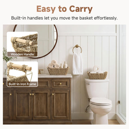 StorageWorks Wicker Storage Baskets for Shelves, Seagrass Shelf Storage Basket, Woven Box Organiser with Wooden Handles