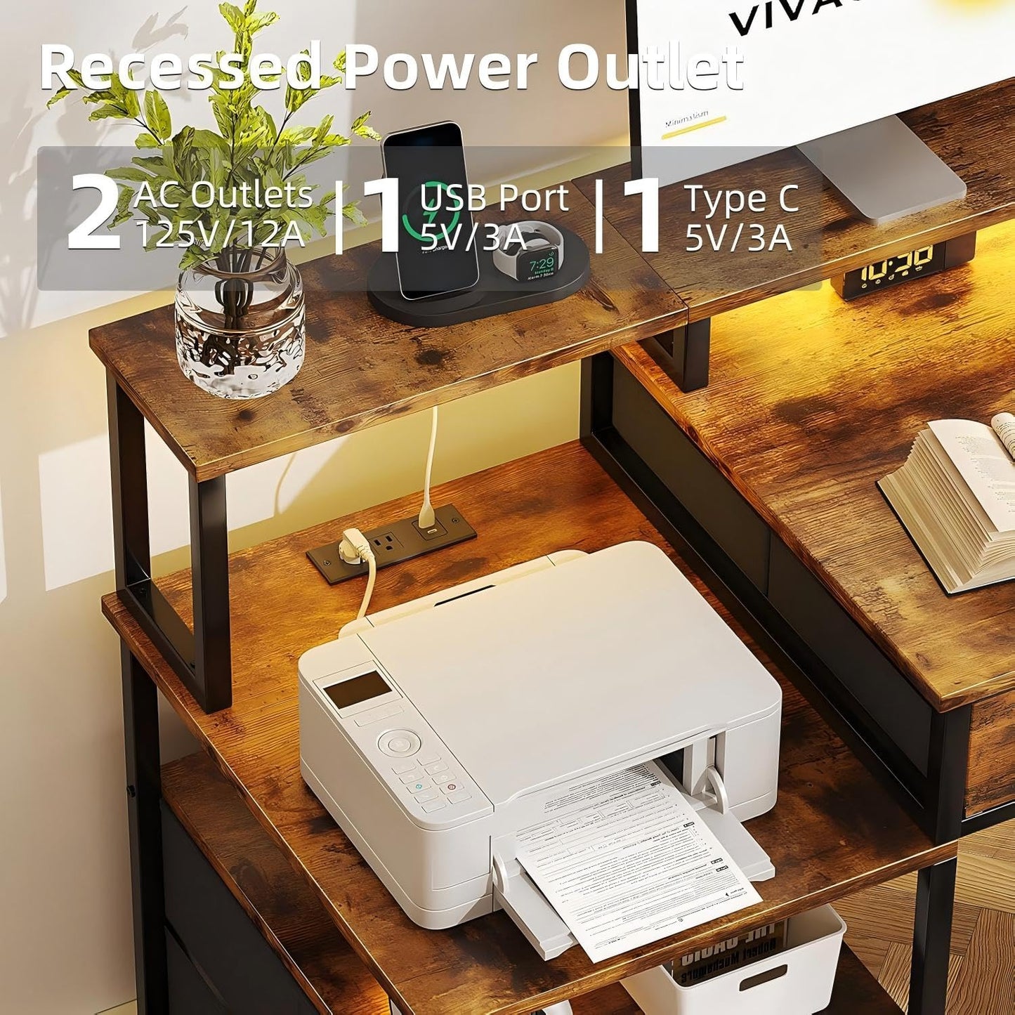 MUTUN 135cm Computer desk with Power Outlet and Drawers, Rustic Brown