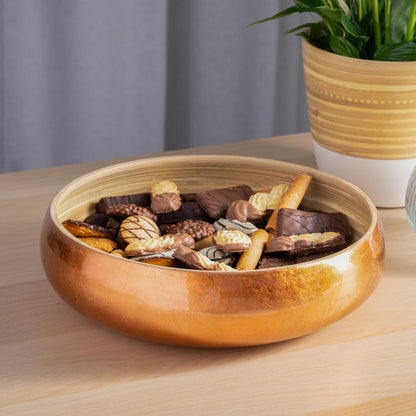 Dehaus Large Bamboo Fruit Bowl - 30cm, Copper Gold Leaf - Wooden Salad Serving Bowl - Fruit Basket for Kitchen or Bread Basket - Table Centrepiece