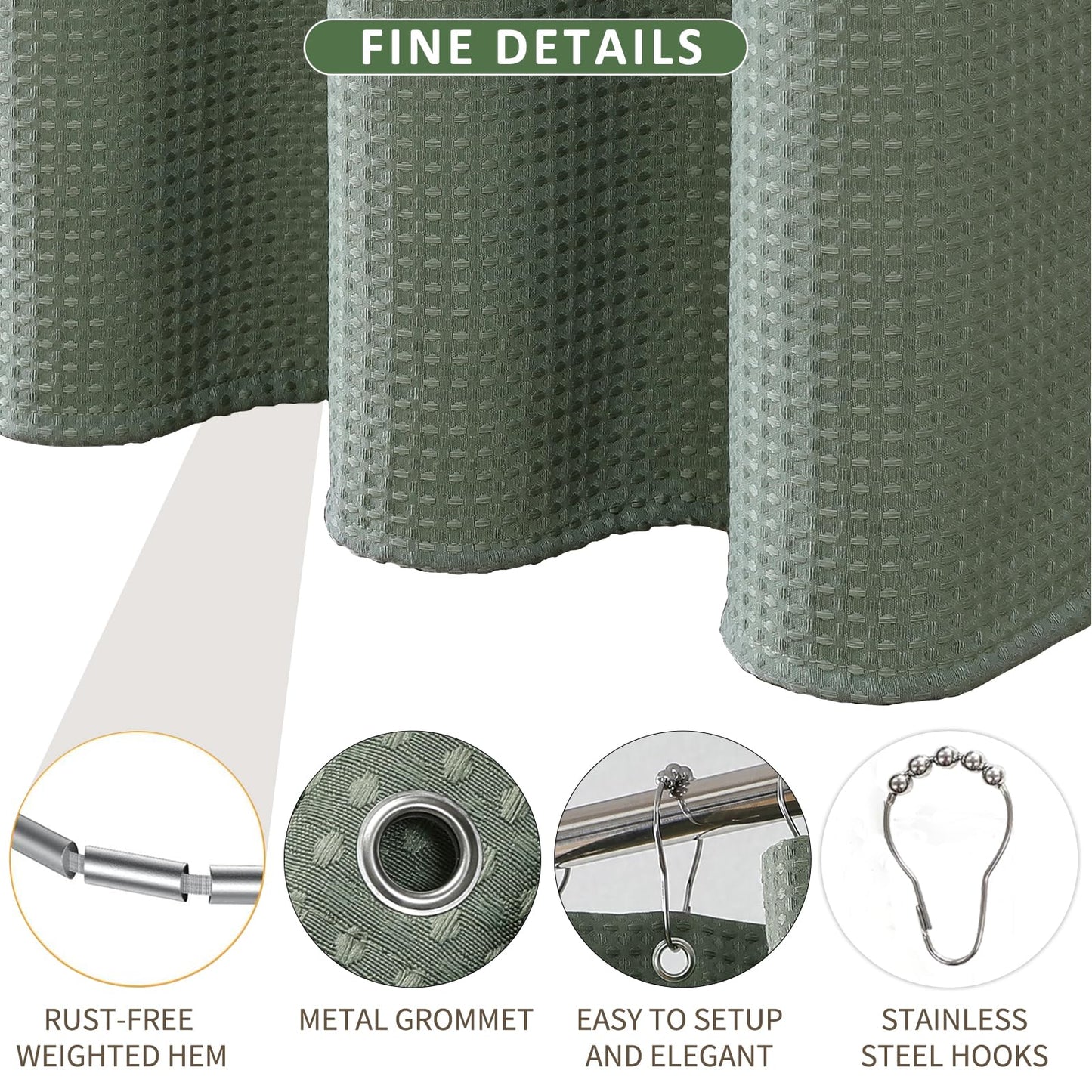 FY&XZH Heavy-Duty Waffle Weave Shower Curtain with Stainless Steel Hooks, Thick Fabric for Bathroom, Hotel, Spa & Salon-153 x 183cm (Green)