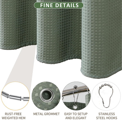 FY&XZH Heavy-Duty Waffle Weave Shower Curtain with Stainless Steel Hooks, Thick Fabric for Bathroom, Hotel, Spa & Salon-153 x 183cm (Green)