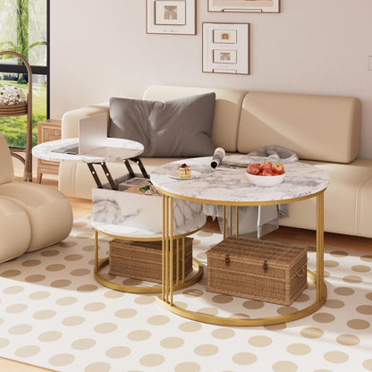 PURFINO Round Coffee Table - 70cm/50cm Nesting Tables Set of 2, Hydraulic Lift-Top with Hidden Storage, Centre Table for Living Room, Small Space