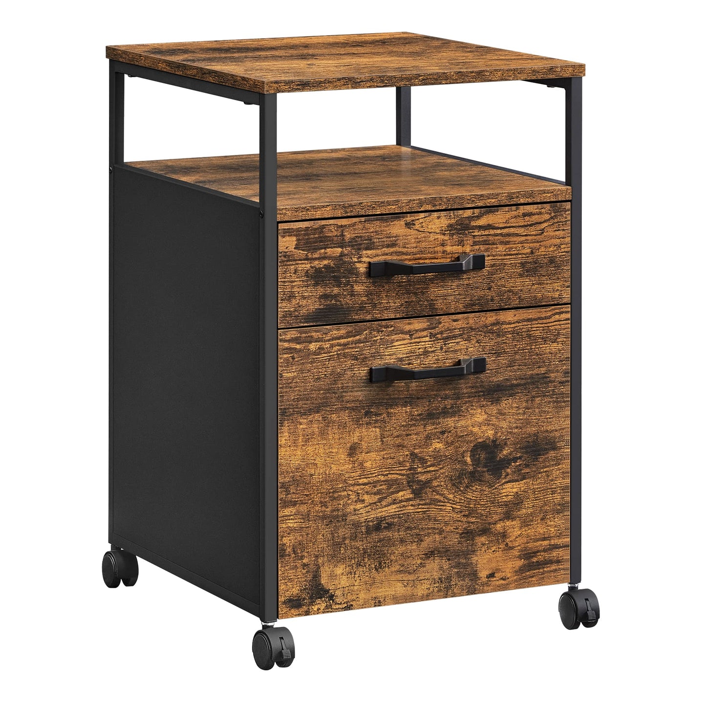 VASAGLE Mobile File Cabinet with 2 Drawers, Letter-Size Hanging File Folders, Open Shelf, Steel Frame, Rustic Brown and Ink Black OFC71X