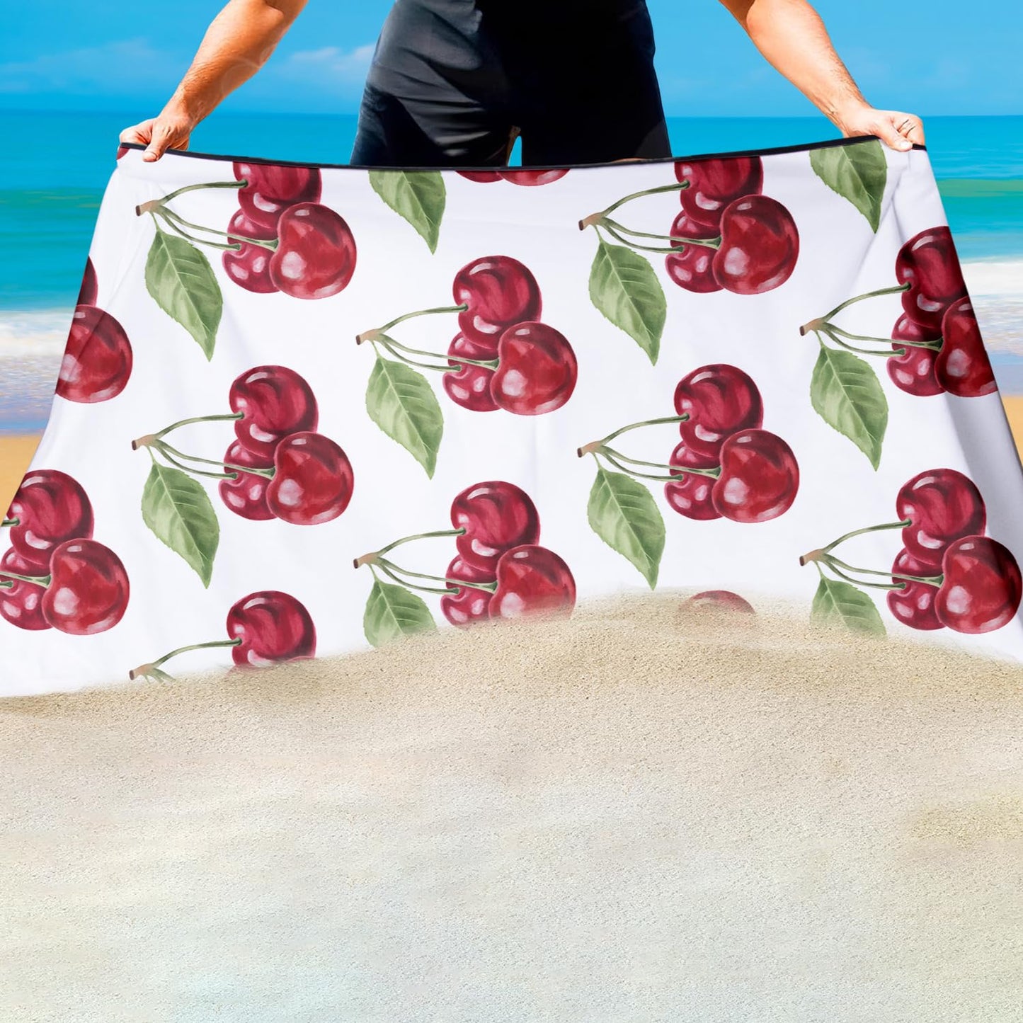 Violetpos Cherry Print Beach Towel, Extra Large 180x90 cm 250GSM Microfibre, Sand Free Quick Dry