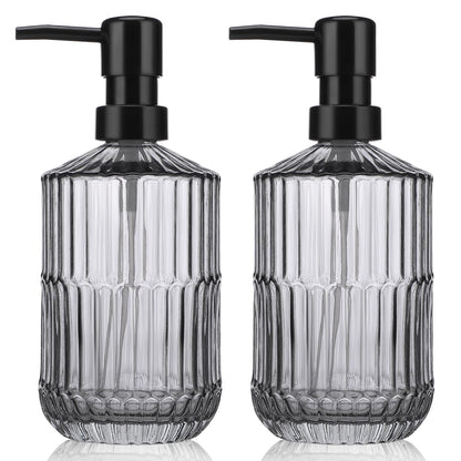 Segus Soap Dispenser Kitchen, 2 Pieces 450ml Glass Soap Dispenser Bottle with Pump, Refillable and Reusable, Empty Shampoo Bottles, Grey