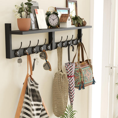 AMBIRD 87cm Extra Wooden Wall Coat Rack with Shelf - Elegant and Functional Wall-Mounted Storage Solution with 10 Hooks for Coats, Hats, Keys