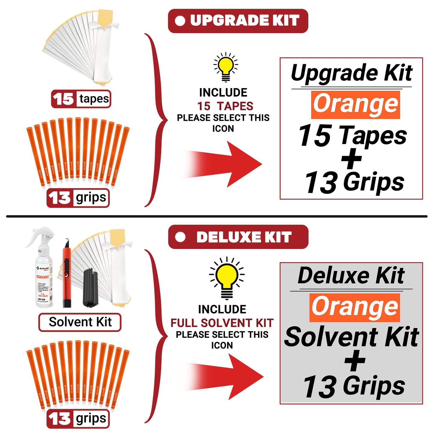 SAPLIZE Golf Grips, 13 Set with Complete Regripping kit, Standard Size, Rubber Golf Club Grip, Orange