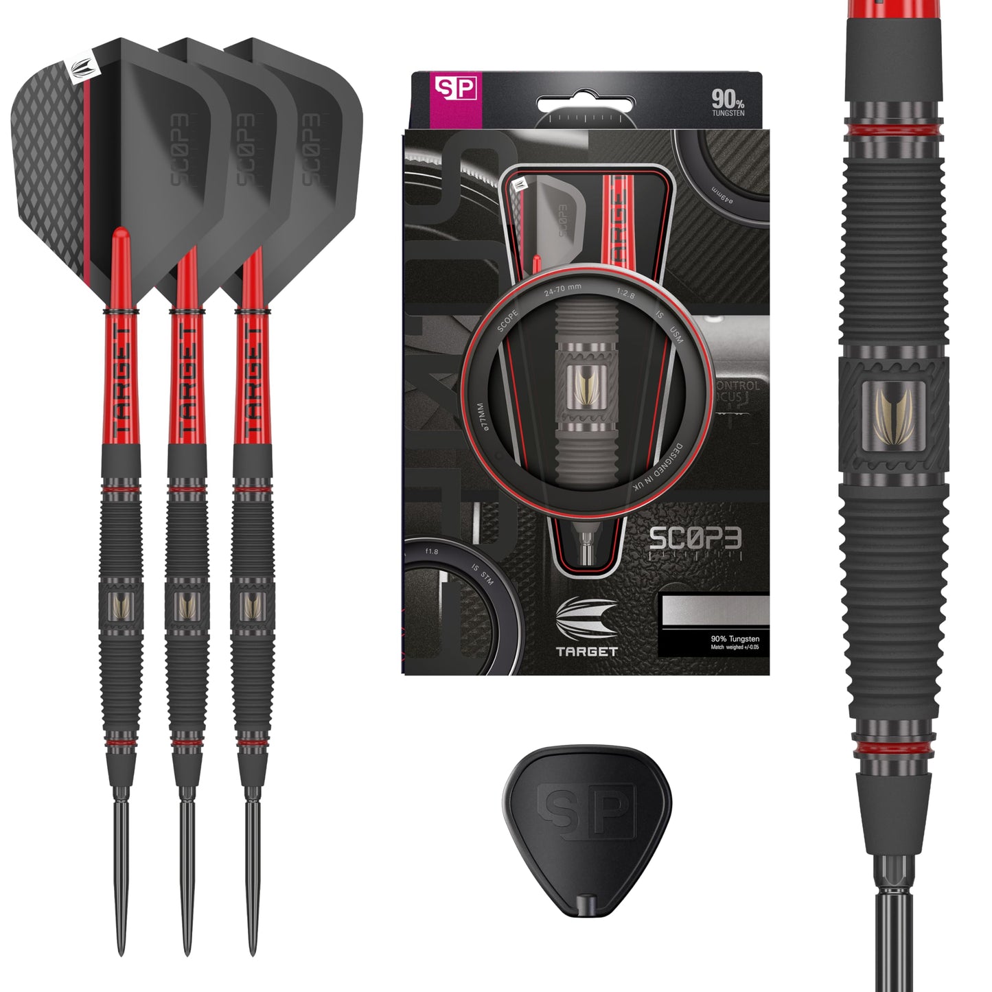 TARGET Darts Scope Steel Tip Swiss Point Darts, 90% Tungsten Dart Set, Barrel 04-22G | Steel Tip Dart Sets, Red & Black Darts, Professional Dart Set