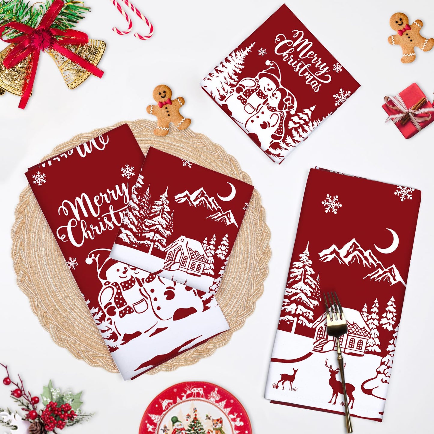 Arquiel 2 Pcs Snowman Christmas Kitchen Towel 100% Cotton Winter Absorbent Dish Towel 70 x 48 cm Housewarming Red Farmhouse Decorative Hand Towel for