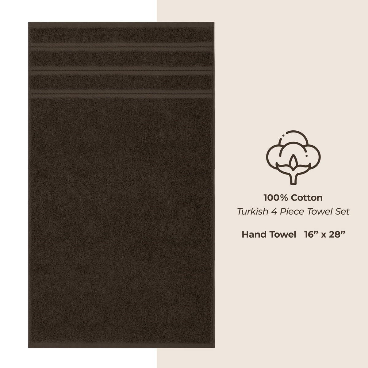American Soft Linen Set of 4 Hand Towels for Bathroom, 100% Turkish Cotton, 600 g/m², Hand and Face Towels for Bathroom or Kitchen, Brown