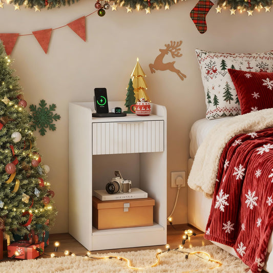 YOSHOOT Nightstand with Charging Station and NFC Lock Cabinet, Bedside Table with Hidden Compartment for Valuables Storage, End Table with Drawer and