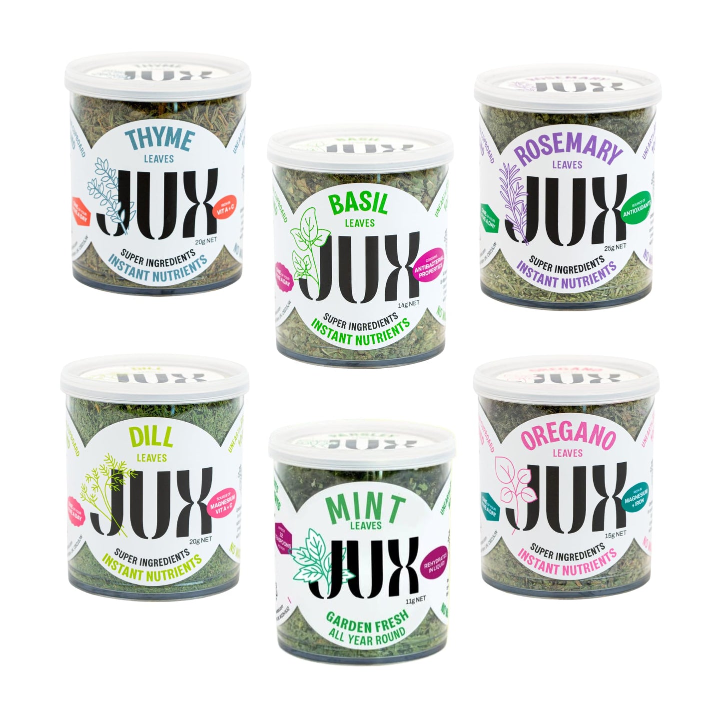 JUX Freeze-Dried Herb Bundle | 100% Natural & Nutrient-Rich | Includes Mint, Parsley, Rosemary, Oregano, Thyme and Basil | Vegan Friendly