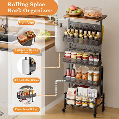 Bikoney Slim Storage Trolley with Wooden Top, Narrow Rolling Kitchen Cart