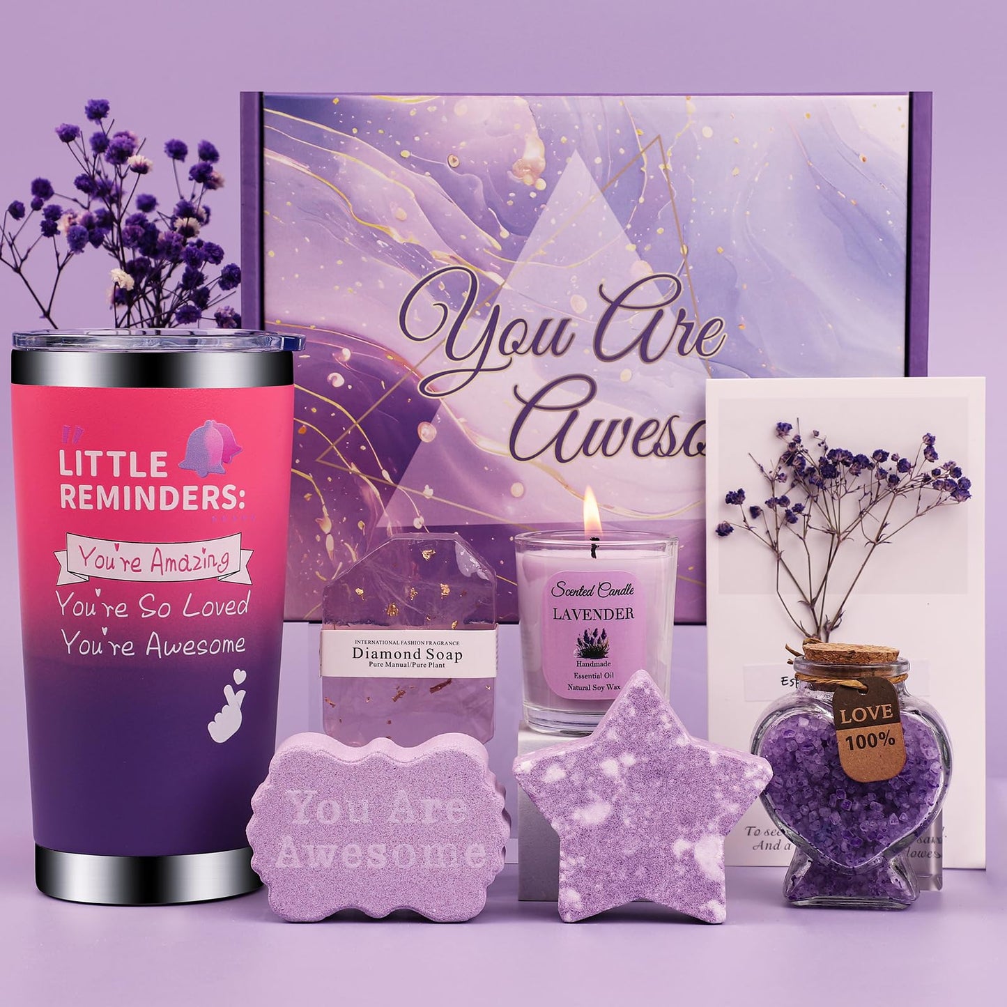 Lavender Pamper Gifts for Women, Unique Bath Sets Self Care Package for Her, Get Well Soon Relaxing Spa Present, Ladies Pamper Hamper Christmas