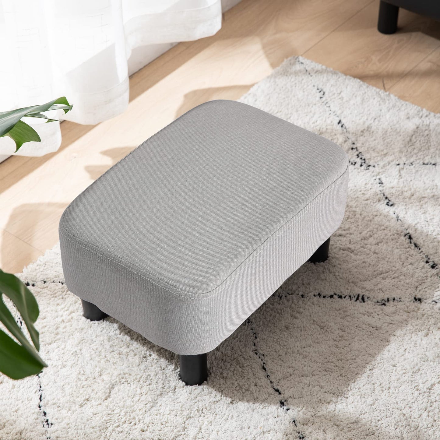 IBUYKE 16.54" Small Footstool Linen Fabric Pouf Ottoman Footrest Modern Home Living Room Bedroom Rectangular Stool, with Padded Seat Pine Wood Legs