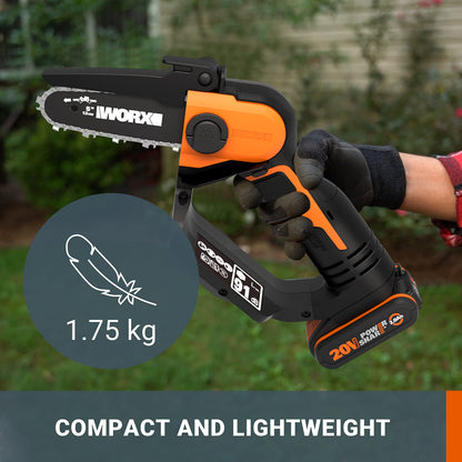 WORX WG324E.9 12cm 20V Cordless Compact Chainsaw - Tool Only, High-Efficiency Motor, Lightweight, Safe Design ? No Battery or Charger