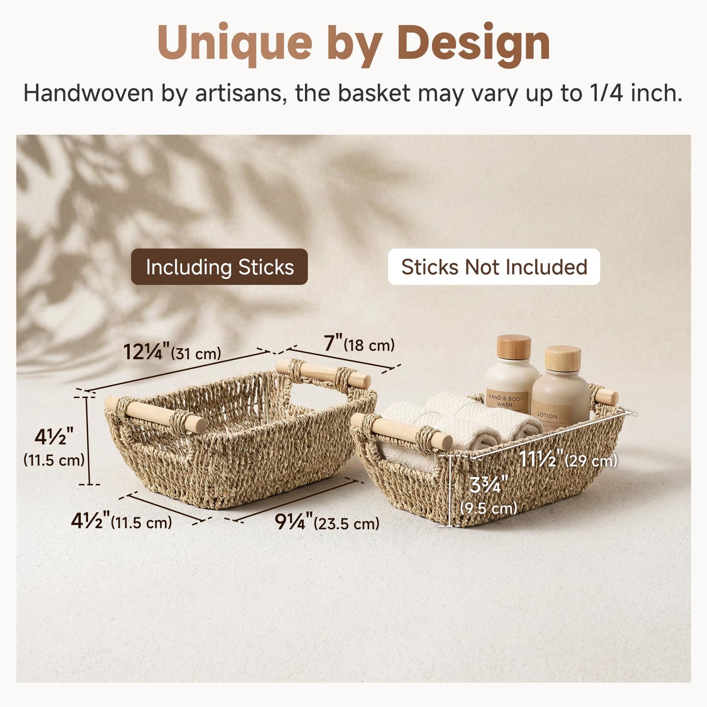 StorageWorks Wicker Storage Baskets for Shelves, Seagrass Shelf Storage Basket, Woven Box Organiser with Wooden Handles