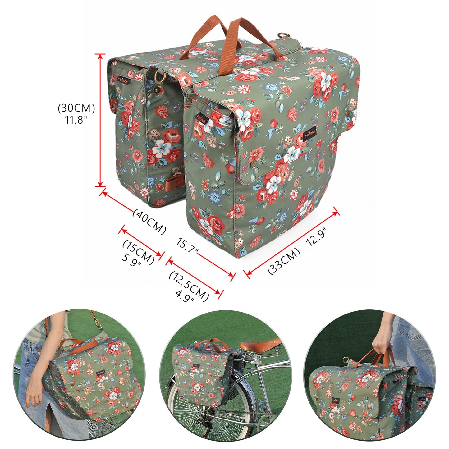 Tourbn TOURBON Waterproof Canvas Bicycle Bike Rear Seat Carrier Luggage Storage Bag Cycling Double Roll-up Pannier Bag Rear Pack (Flower Pattern),