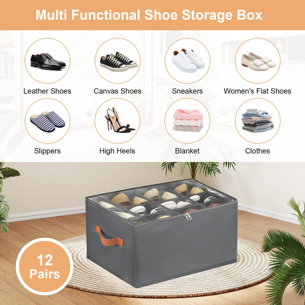 GFUEIGJ Space Saver Shoes Containers Bin Foldable Shoe Organiser Fabric Shoe Storage Box Shoe Organiser with Clear Lids for Wardrobe (1 Pack Gray)
