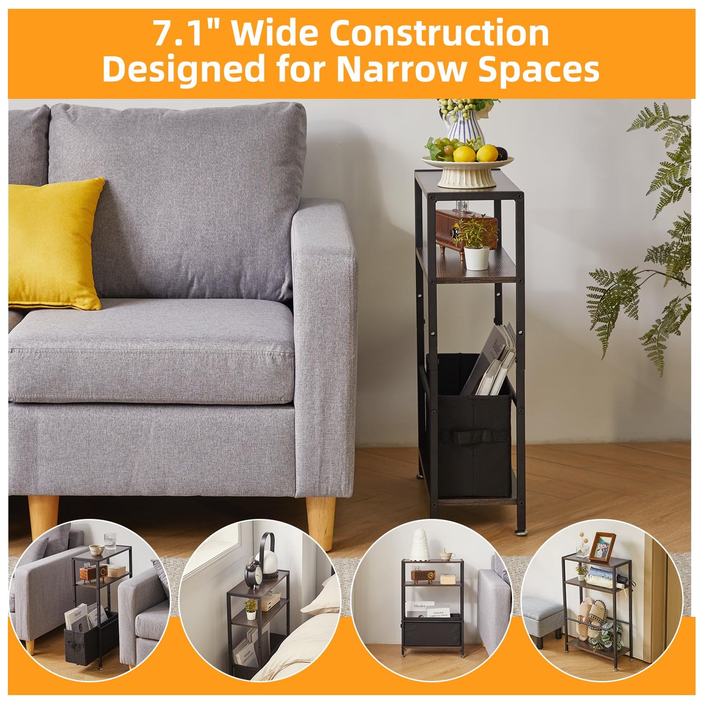 Aibiju Side Table with Storage, 3-Tier Slim Side Table with Fabric BasketNarrow Bedside Table Small Narrow Side Table for Small SpacesBedroom,Living