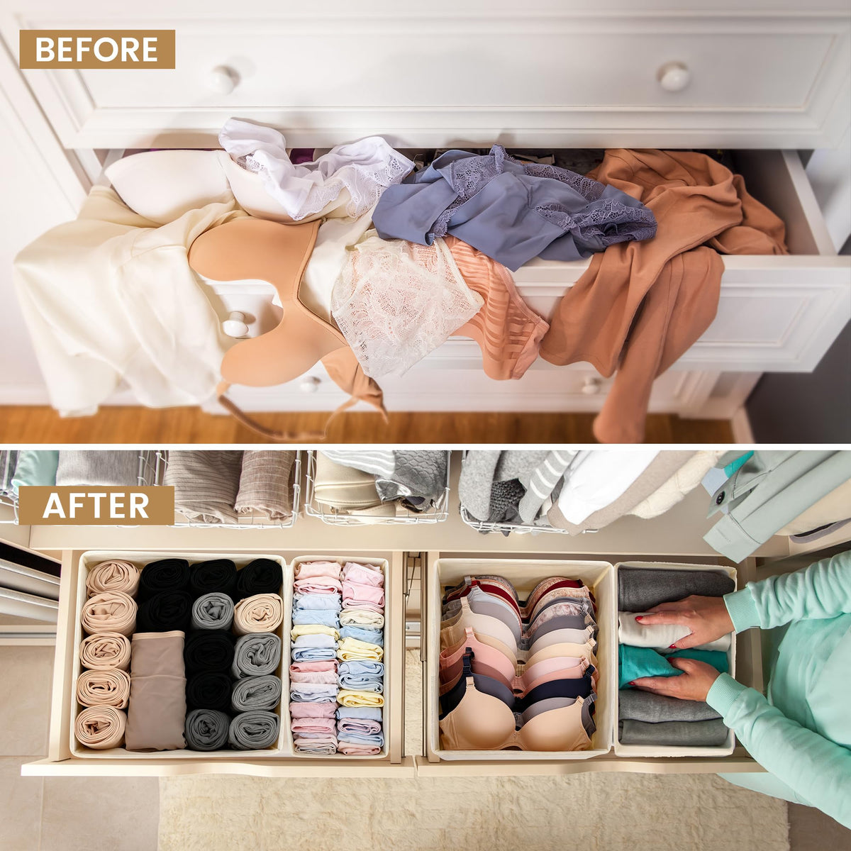 Vivantia 12 Pack Fabric Drawer Organisers for Clothes 3 Sizes Foldable Wardrobe Storage Organiser Bins Underwear Drawer Dividers Clothes Storage