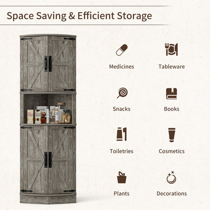 BonVache 165cm Tall Corner Storage Cabinet with Barn Doors, 5-Tier Farmhouse Corner Cabinet for Living Room, 4 Wooden Doors and 5 Shelves