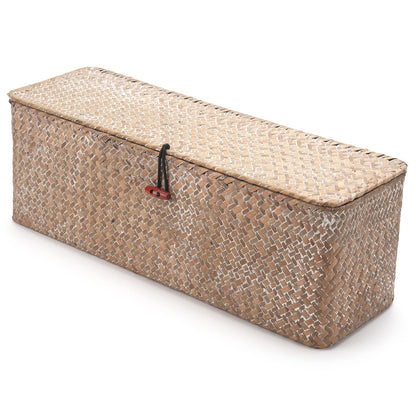 Whitewash Seagrass Tank Basket with Lid Woven Toilet Roll Storage Basket with Sections Rectangular for Organize Snack Toys