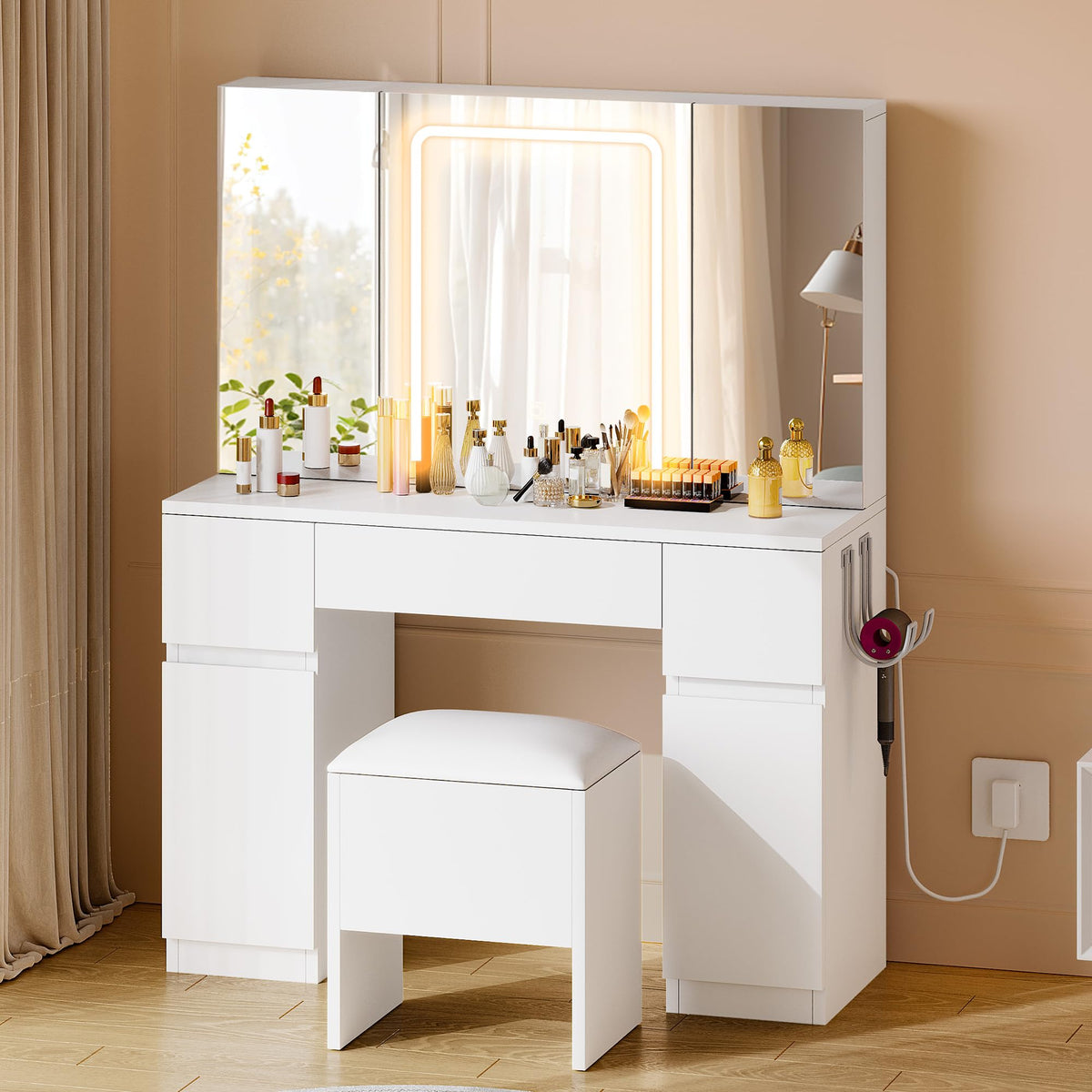 YITAHOME Dressing Table with Mirror and Stool, Vanity Desk with Mirror and Drawers White Dressing Table with LED Lights Jewelry Storage