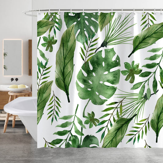 Minicoco Shower Curtain Mould Proof Mildew Resistant Bathroom Shower Curtains Waterproof Shower Curtain 100% Polyester Green Shower Curtains with 12