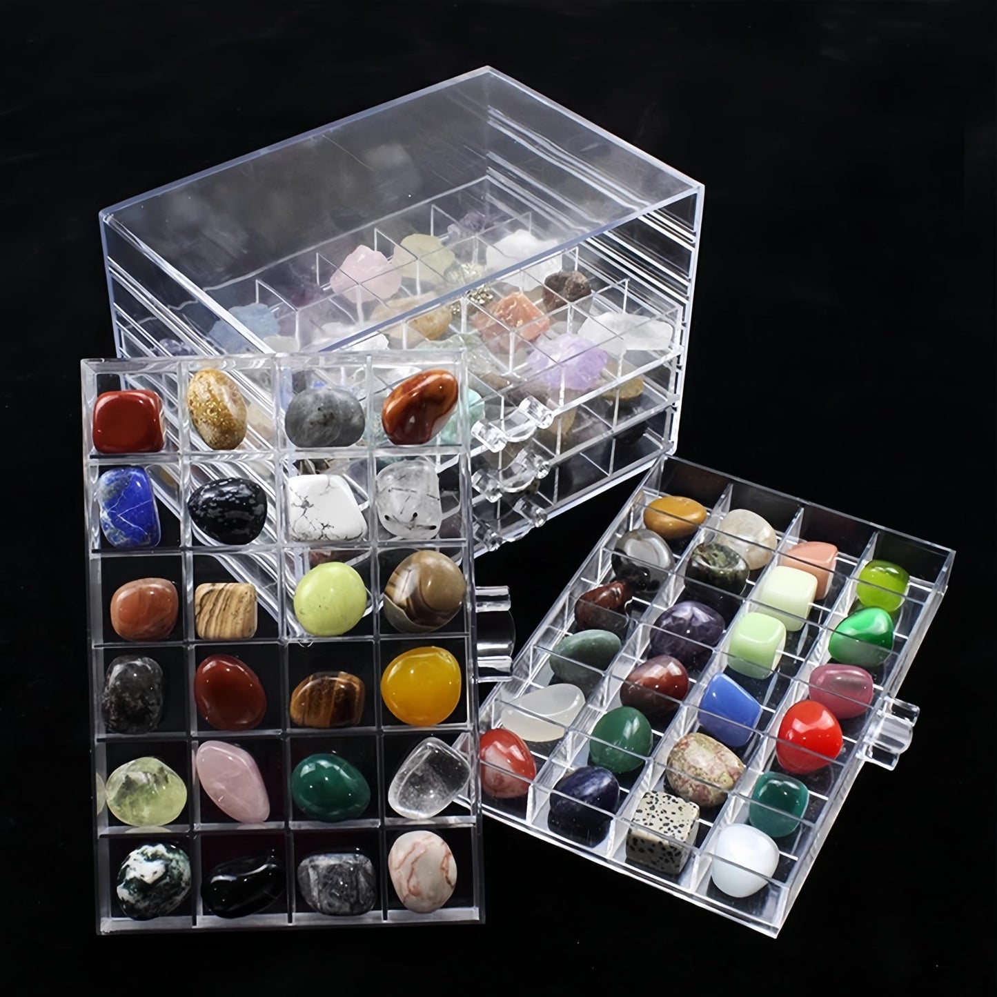 Dmnnlp Small Rock Display Case, 5 Drawers 120 Grids(3x3cm), Clear Acrylic Rock Collection Box
