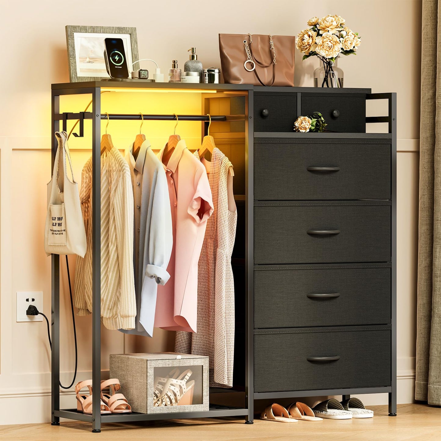 Coleshome Chest of Drawers Bedroom with Hanging Rail, 110x30x106cm, Black