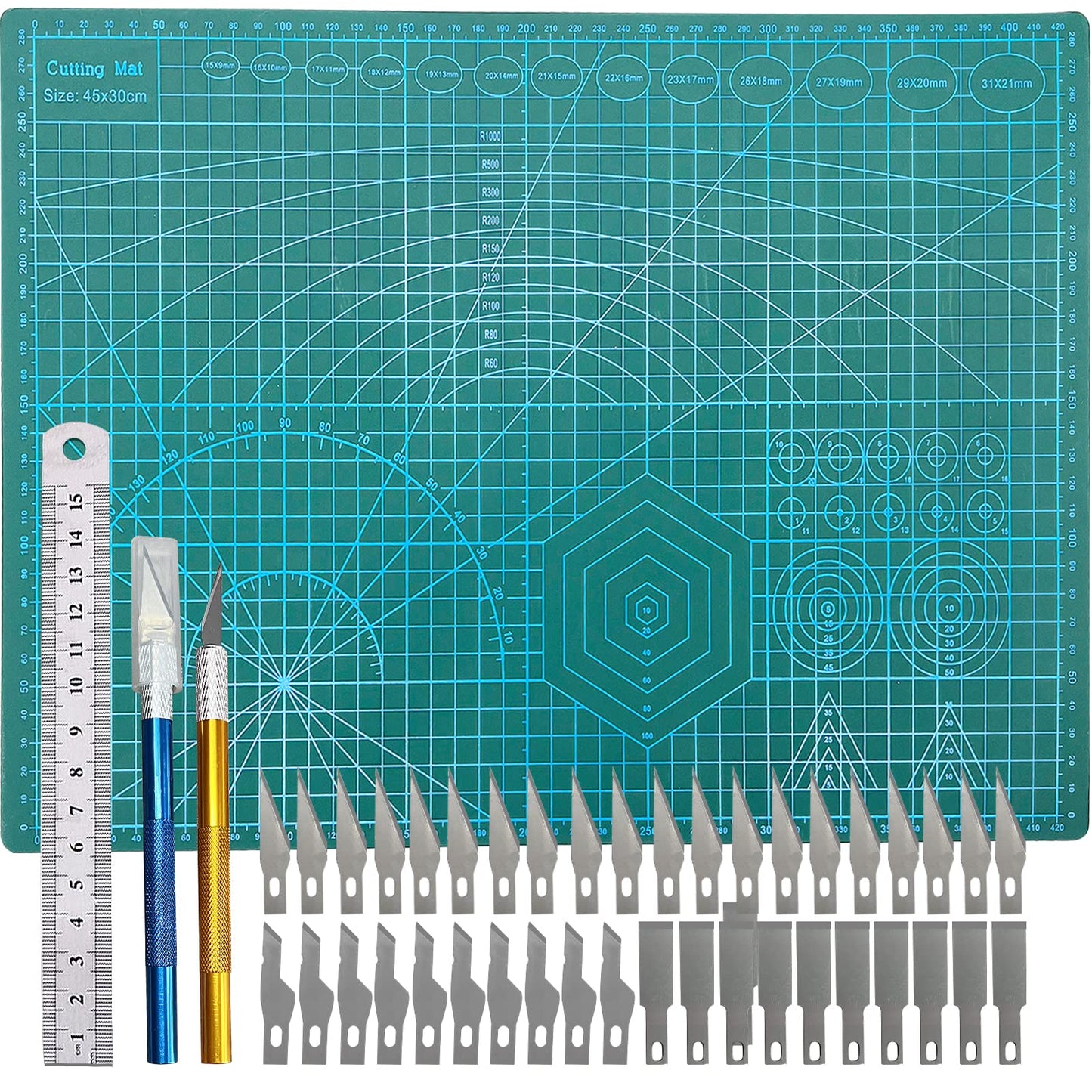 Sibosen A3 Cutting Mat Kit,30 x 45cm Non Slip Double Sided Self Healing Cutting Mat with Accurate Guide Grid Lines Design for Carving Crafts Fabric