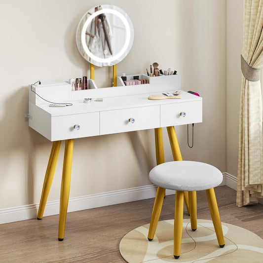 YITAHOME Dressing Table, Makeup Vanity with LED Mirror and Stool, 3 Drawers & Makeup Tray, Built-In AC & USB Outlets, Glossy Finish, Modern Dressing