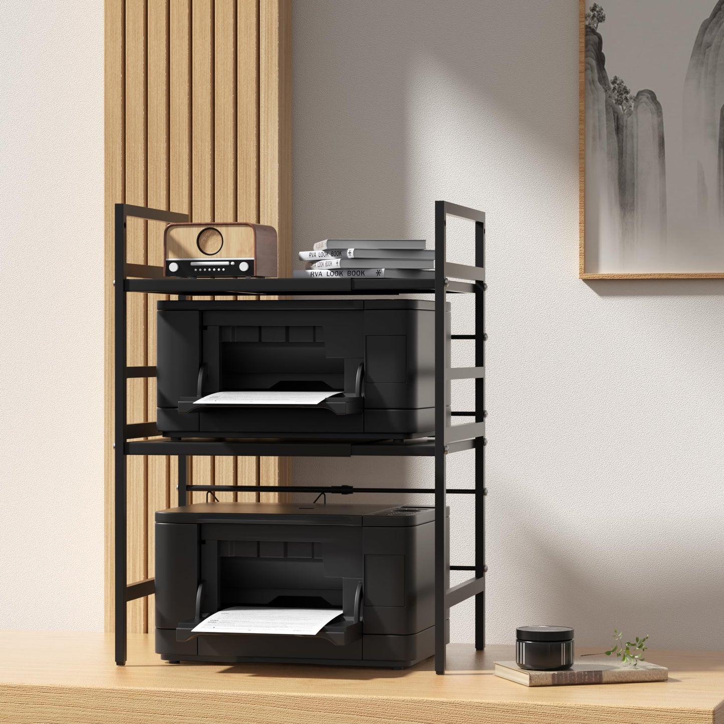 Furnestorica Retractable and Adjustable Microwave Rack, 3-Layer Microwave Shelf Made of Carbon Steel, Robust Holder with 6 Hooks