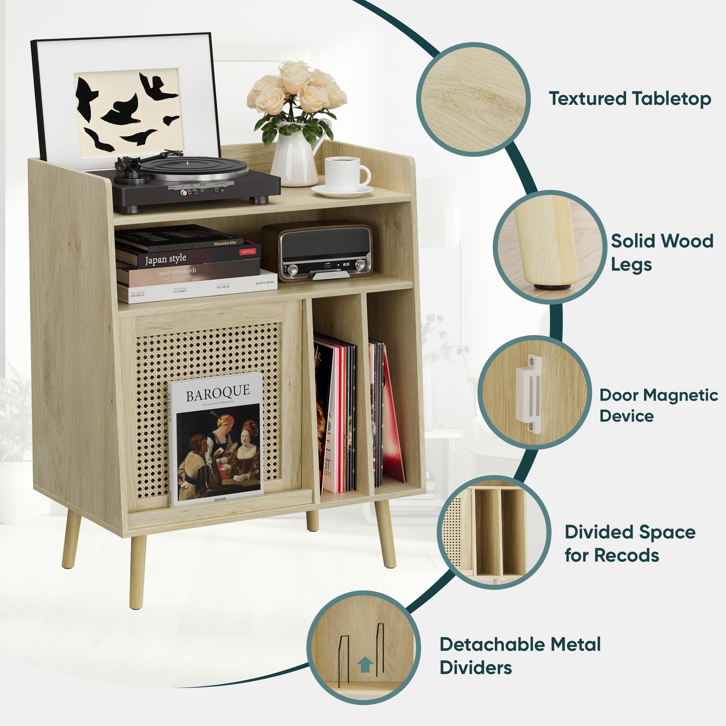 Semiocthome Record Player Stand with Vinyl Storage, Record Player Table with Storage Shelf, Turntable Stand with Rattan Cabinet Door