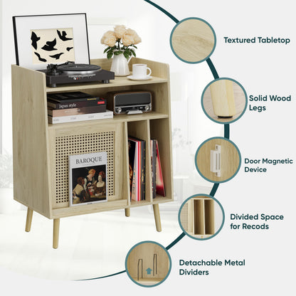 Semiocthome Record Player Stand with Vinyl Storage, Record Player Table with Storage Shelf, Turntable Stand with Rattan Cabinet Door