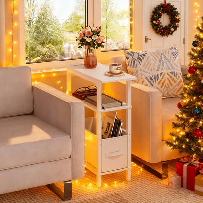 MAHANCRIS Narrow Side Table with Charging Station, 3 Tier Small End Table for Small Spaces, Slim Side Shelf with Storage, for Living Room, Bedroom