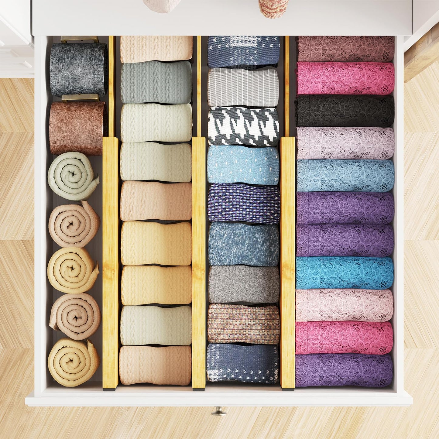 SpaceAid WIAONE Bamboo Dresser Drawer Dividers 6 Pack, 4.65“ High Adjustable 12.5“-17” Drawer Organizers, Expandable Organization for Clothing