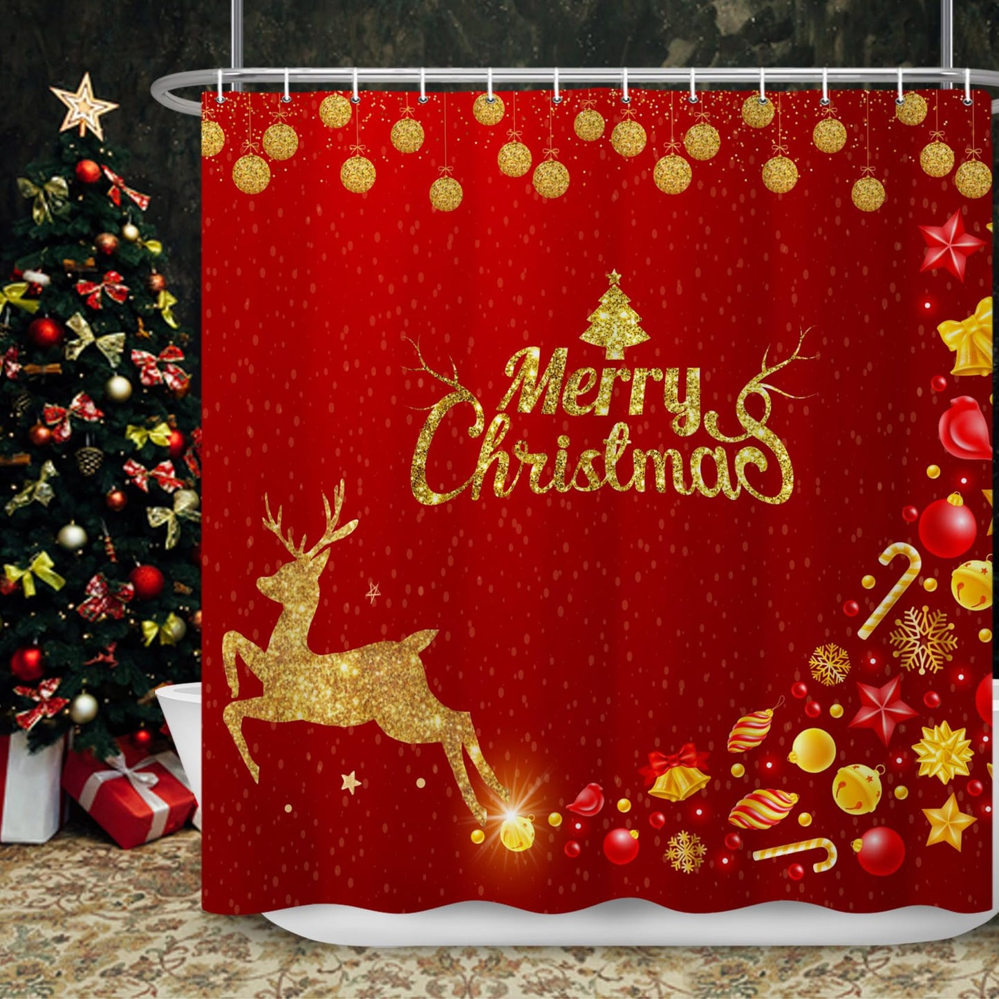Ttincceer Merry Christmas Shower Curtain 180x180cm Golden Elk Snowflake Sparkling Bathroom Curtains New Year Red Background Bath Curtain Waterproof