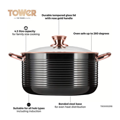 Tower T800002RB Casserole Dish with Lid, Linear Collection with Easy Clean Non-Stick Ceramic Coating, Aluminium, Black and Rose Gold, 4 Litres