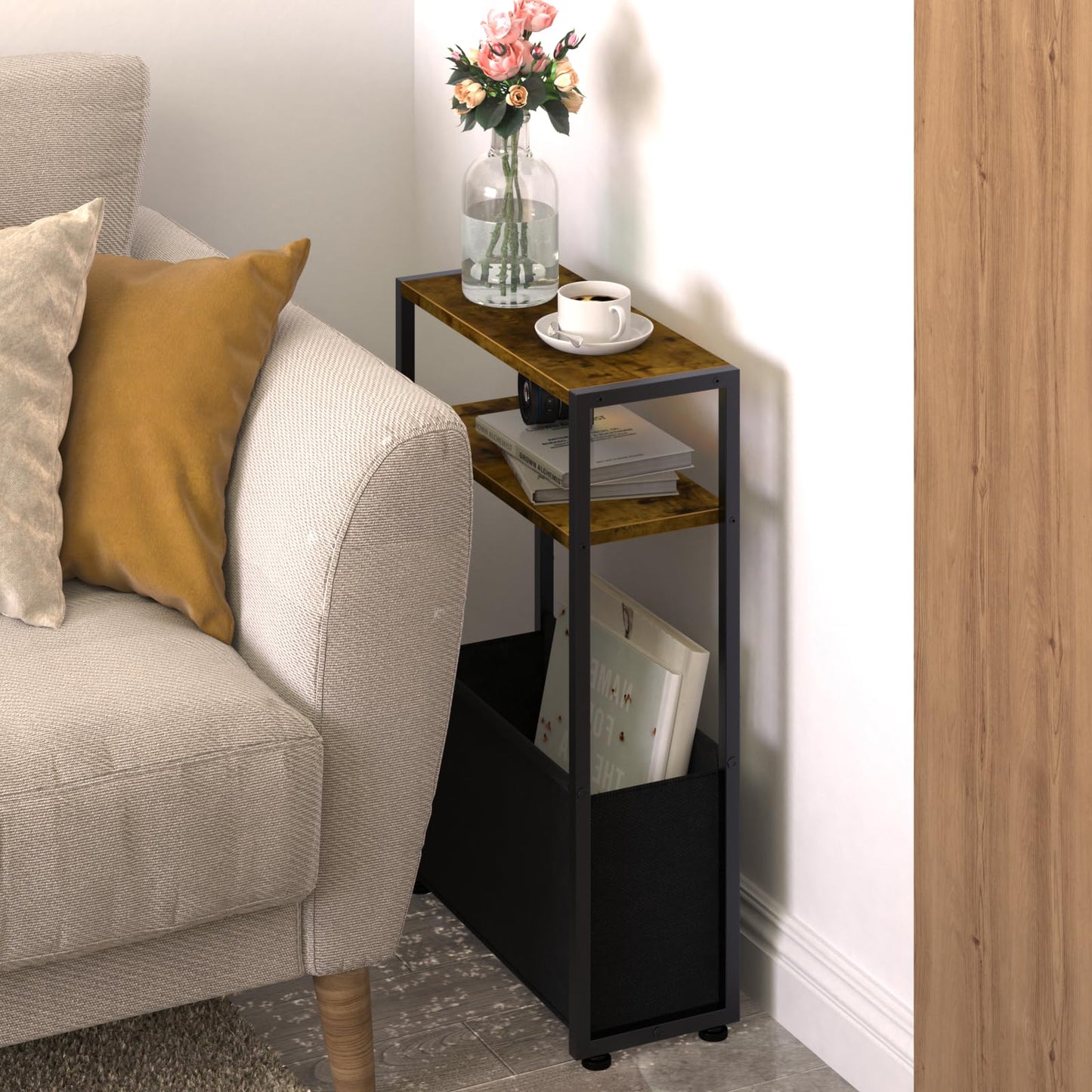 JERX Narrow Side Table with Fabric Basket, End Table for Small Spaces, Slim Side Table with Magazine Rack for Living Room Office Bedroom and Bathroom