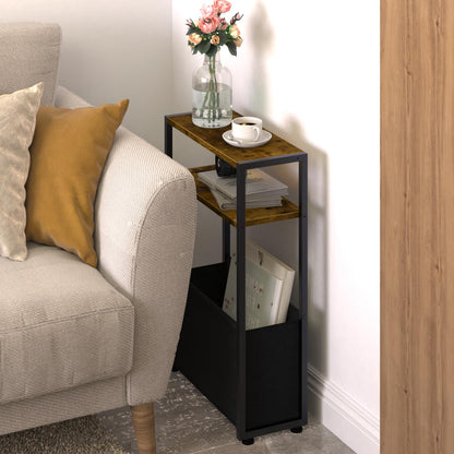 JERX Narrow Side Table with Fabric Basket, End Table for Small Spaces, Slim Side Table with Magazine Rack for Living Room Office Bedroom and Bathroom