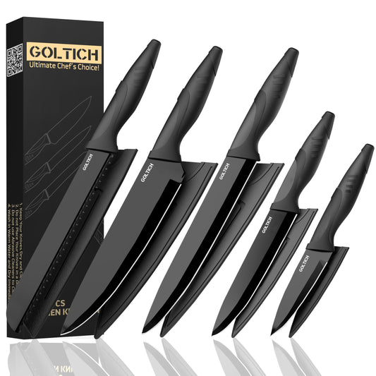 GOLTICH 5 PCs Black Kitchen Knife Sets with Sheath - Premium Stainless Steel Kitchen Knives Set with Easy Grip Handle - Ultra Sharp Knife Set Includes